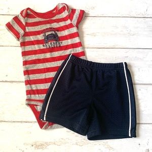Baby Boys 12m Summer Outfit Set Red Stripes Bodysuit Navy Blue Athletic Shorts